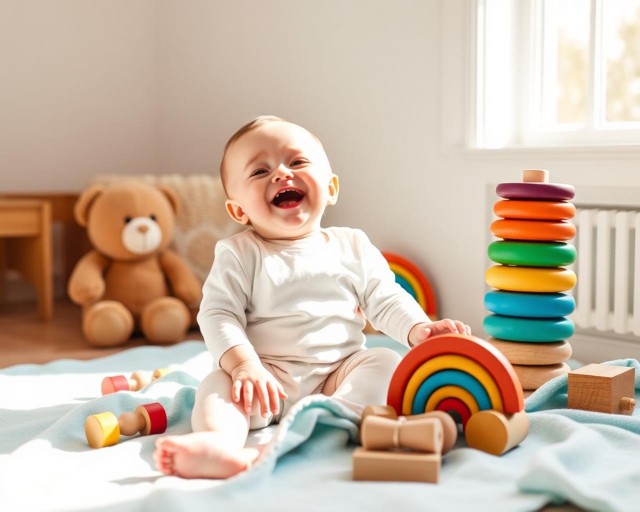 Bebé feliz jugando con juguetes de madera de Jeffis Baby