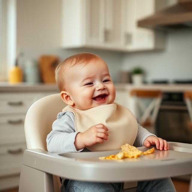 Bebé comiendo feliz en su silla de comer